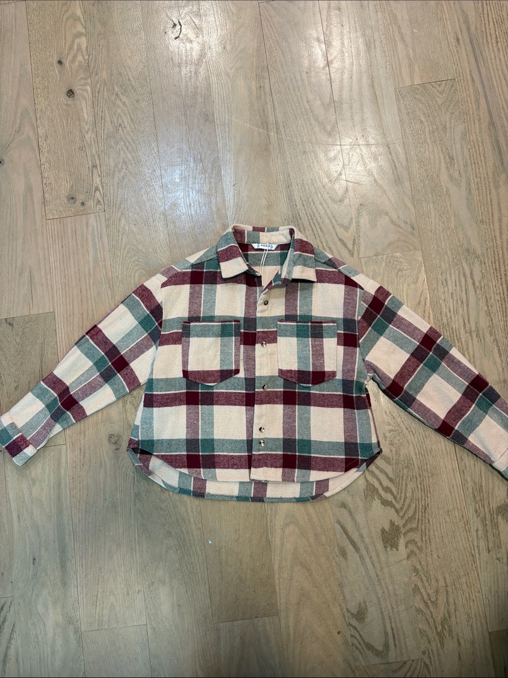 Mayoral Plaid Shirt Jacket in Cream, Burgundy & Teal NWT. Size 10